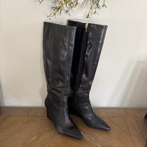 Vince Camuto Black Leather Bestyne Tall Wedge Boots Size 8.5M